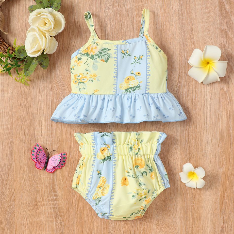 2pcs Baby Girl Floral Print Colorblock Sleeveless Spaghetti Strap Ruffle Top and Shorts Set Multi-color