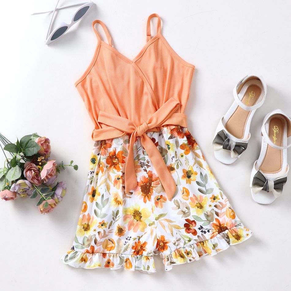 Kid Girl Floral Print Splice Ruffled Belted Slip Rompers Apricot