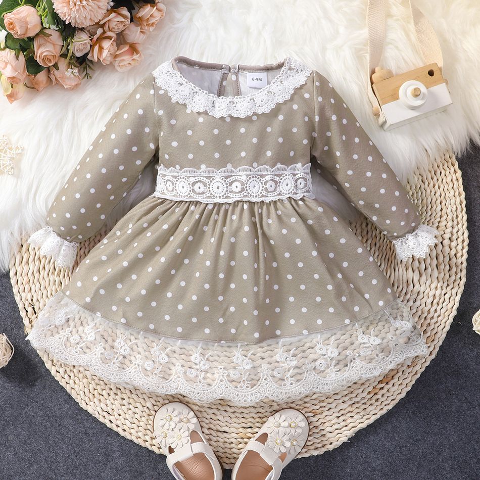 Baby Girl Polka Dots Long-sleeve Lace Dress Grey