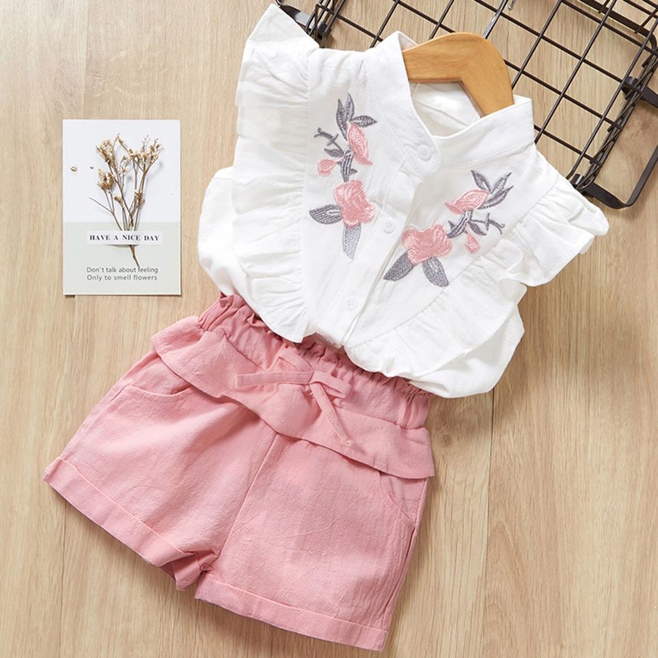 Ruffle Floral Embroidery Shirt and Shorts Set Color block big image 4