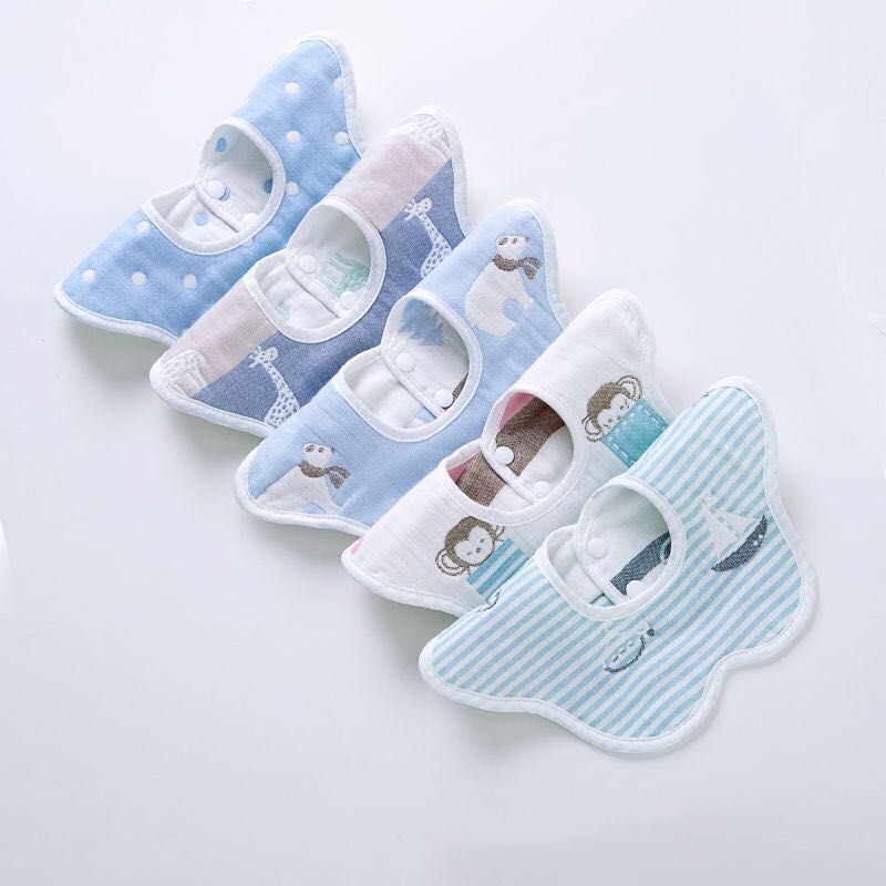 5-pcs Baby Bibs 360 Rotating Muslin Cotton Infant Saliva Bibs Cute Baby Gauze Bibs Infant Light Blue