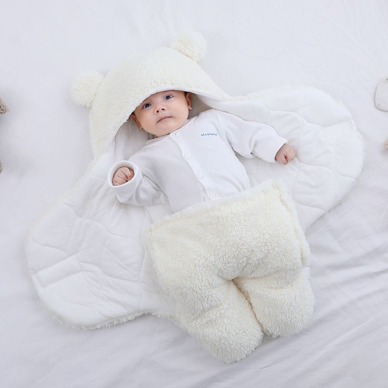 Baby Blanket Swaddle Wrap Winter Cotton Plush Hooded Sleeping Bag for 0-2 Months White big image 2