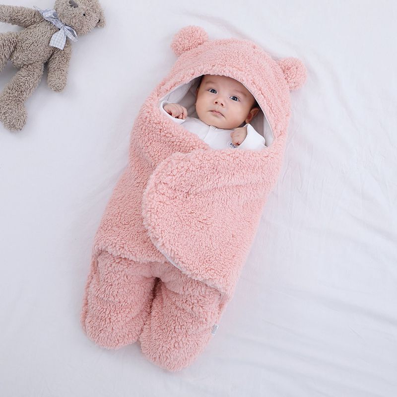 Couverture bébé emmaillotage hiver coton peluche sac de couchage à capuche pour 0-2 mois Rose Clair