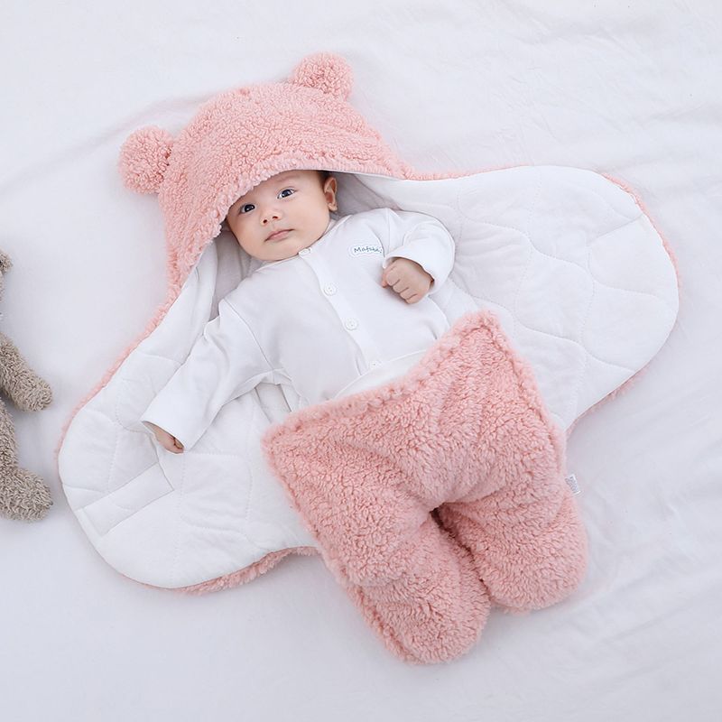 Couverture bébé emmaillotage hiver coton peluche sac de couchage à capuche pour 0-2 mois Rose Clair big image 2