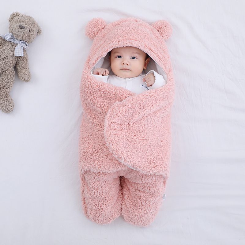Couverture bébé emmaillotage hiver coton peluche sac de couchage à capuche pour 0-2 mois Rose Clair