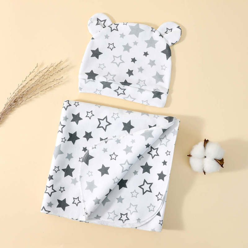 2-pack 100% Cotton Newborn Receiving Blanket Baby Sleeping Bag Swaddles Wrap Blanket & Beanie Hat Set Black/White big image 1