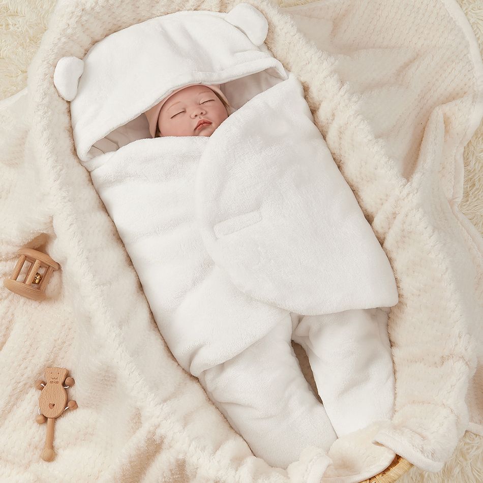Baby Swaddling Blanket Solid Color Newborn Flannel 3D Ear Design Blanket Swaddle Wrap Sleeping Bag White big image 2