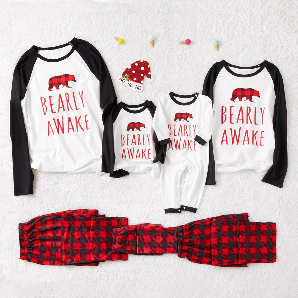 Family Matching ' Bearly Awake ' Print Plaid Christmas Pajamas Sets (Flame Resistant) White
