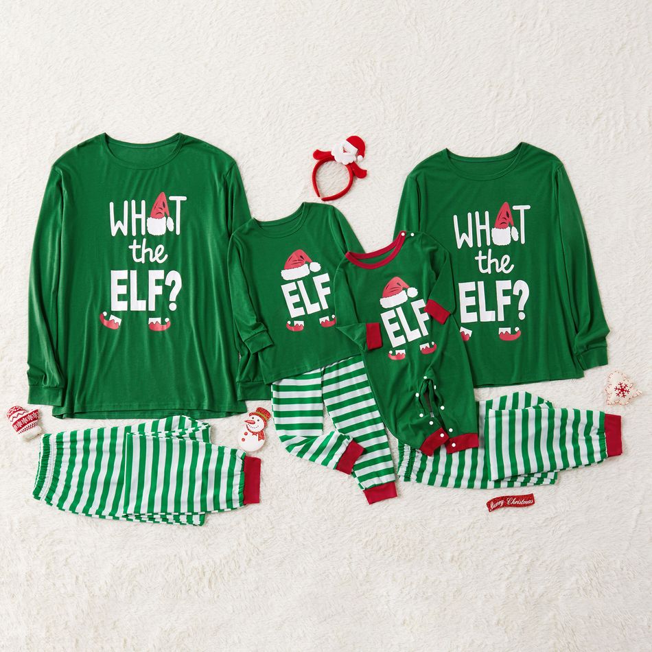 Family Matching Letter and Christmas Hat Print Stripe Pajamas Sets (Flame Resistant) Green