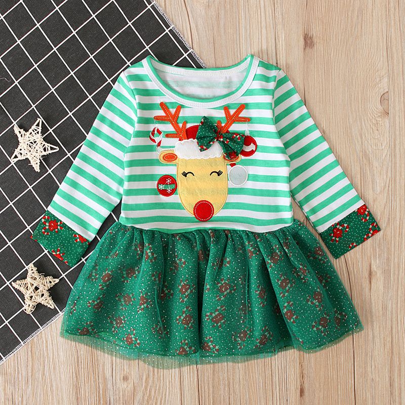 Baby Girl Christmas Deer Embroidery Long-sleeve Dress  Green