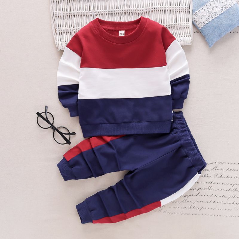 2-piece Toddler Boy/Girl Colorblock Pullover and Pants Casual Set Burgundy big image 1
