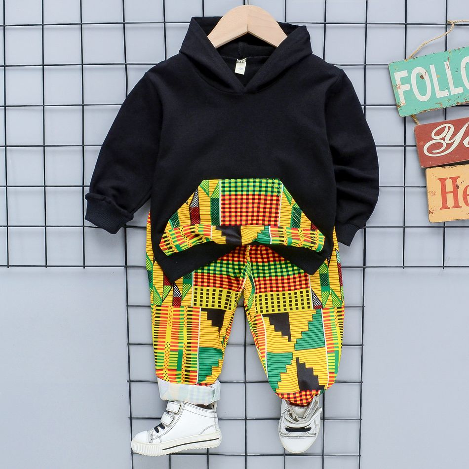 2-piece Toddler Girl/Boy Geo Plaid Pattern Pocket Design Hoodie and Pants Set Black big image 1