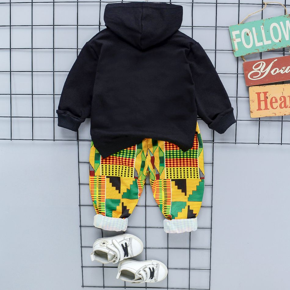 2-piece Toddler Girl/Boy Geo Plaid Pattern Pocket Design Hoodie and Pants Set Black big image 4
