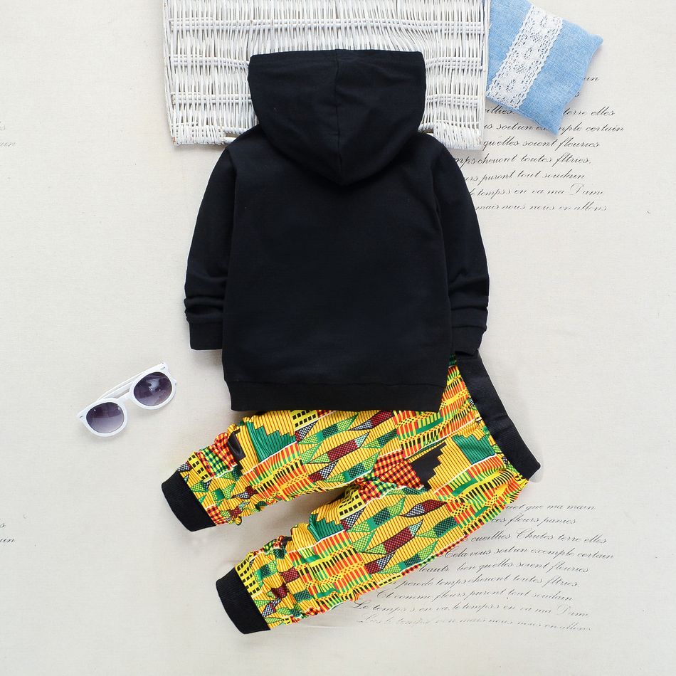 2-piece Toddler Girl/Boy Geo Plaid Pattern Pocket Design Hoodie and Pants Set Black big image 6