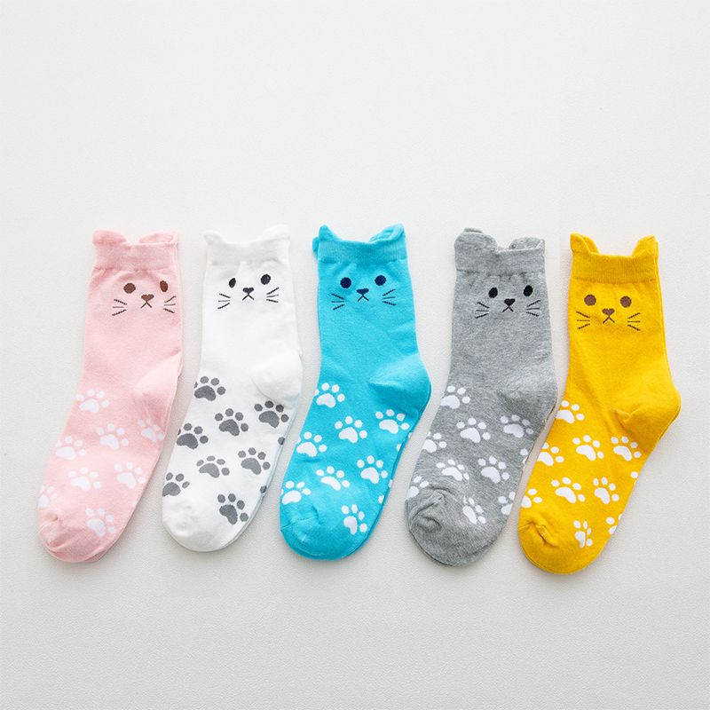 Women 100% Cotton Cute Cartoon Cat Dual Ears Footprints Print Tube Socks White big image 2