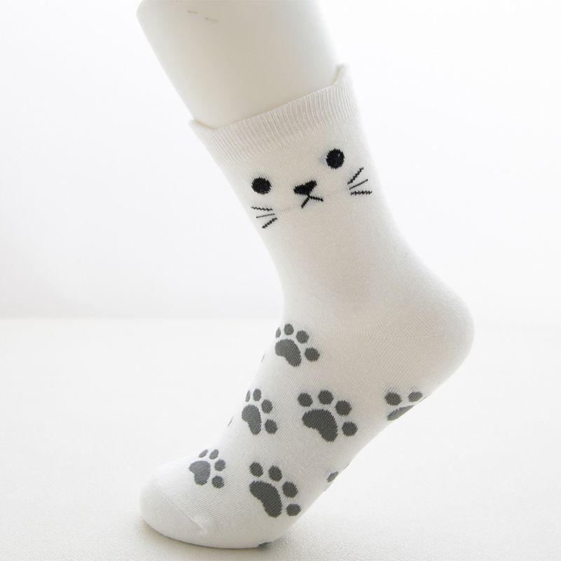 Women 100% Cotton Cute Cartoon Cat Dual Ears Footprints Print Tube Socks White big image 1