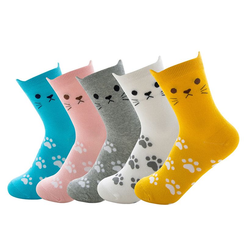 Women 100% Cotton Cute Cartoon Cat Dual Ears Footprints Print Tube Socks White big image 3