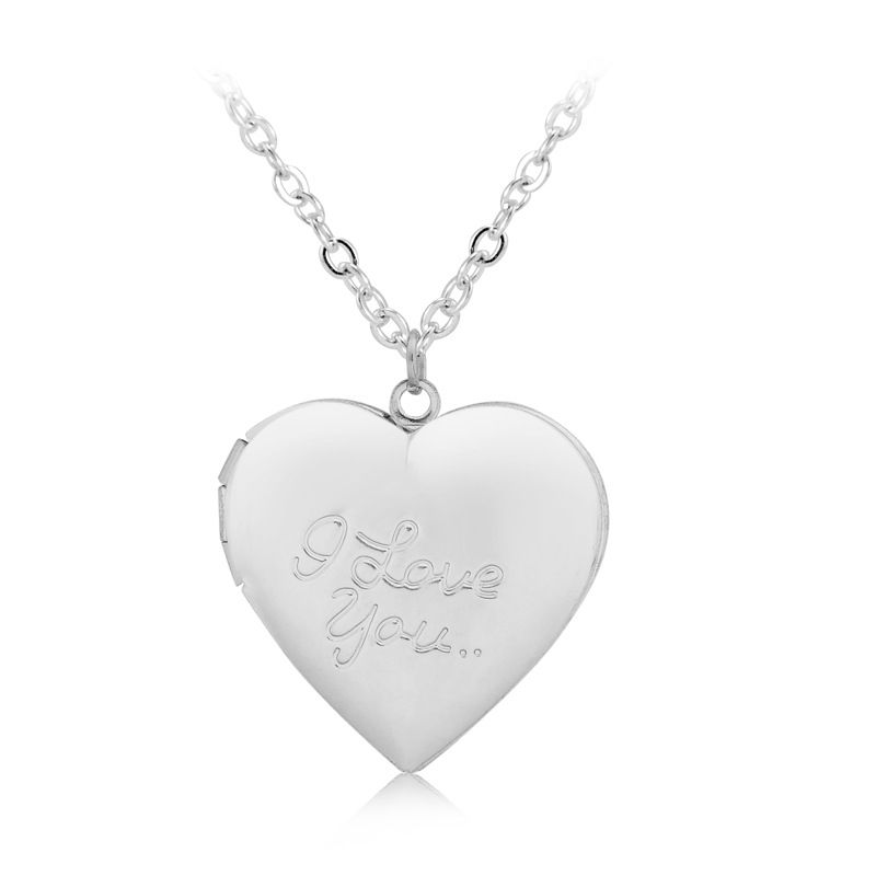 Women Heart Shaped Photo Box Pendant Necklace Silver