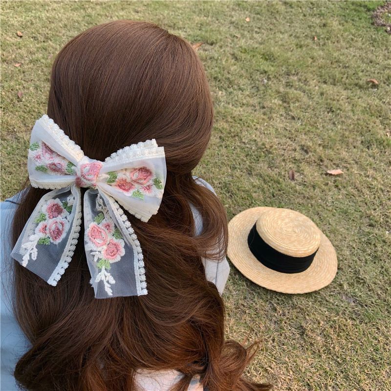 Women Embroidery Floral Bow Lace Hair Clip Hair Accessory Beige big image 2