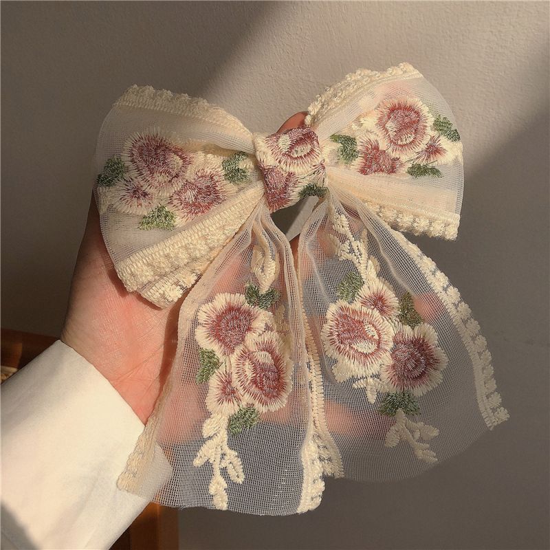 Women Embroidery Floral Bow Lace Hair Clip Hair Accessory Beige