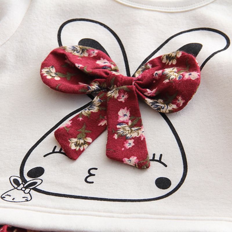Baby Girl 95% Cotton Long-sleeve Cartoon Rabbit and Floral Print Bowknot Faux-two Dress Red big image 2
