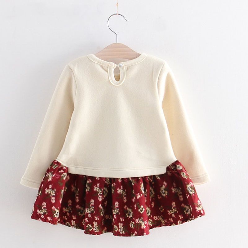 Baby Girl 95% Cotton Long-sleeve Cartoon Rabbit and Floral Print Bowknot Faux-two Dress Red
