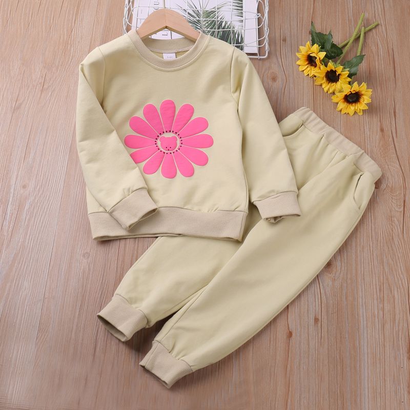 2pcs Toddler Girl Floral Print Pullover Sweatshirt and Elasticized Pants Set Apricot