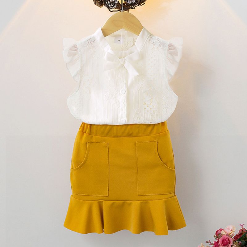 2-piece Baby / Toddler Girl Hollow Out Solid Top and Skirt Set White