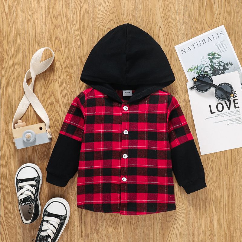 menino da criança 100% algodão xadrez costura botão de camisa projeto do hoodie Vermelho