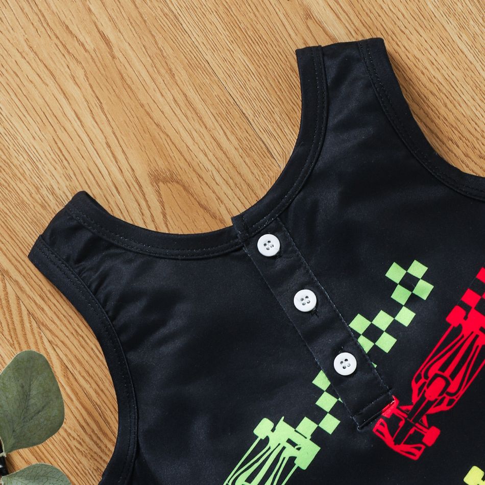 Toddler Boy/Girl Racing Car Print Button Design Sleeveless Overalls Black big image 3