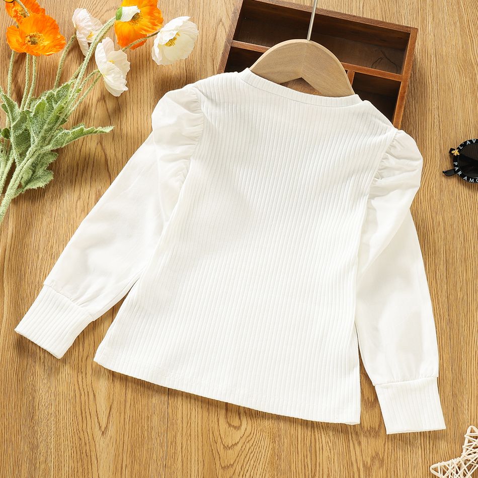 Toddler Girl Long Puff-sleeve Round-collar Ribbed Solid Tee White big image 2