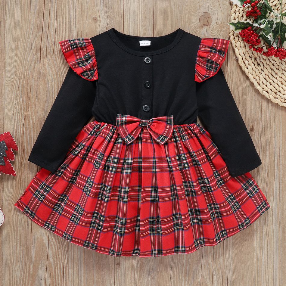 Toddler Girl Plaid Stitching Bowknot Button Design Ruffled Long-sleeve Dress Red