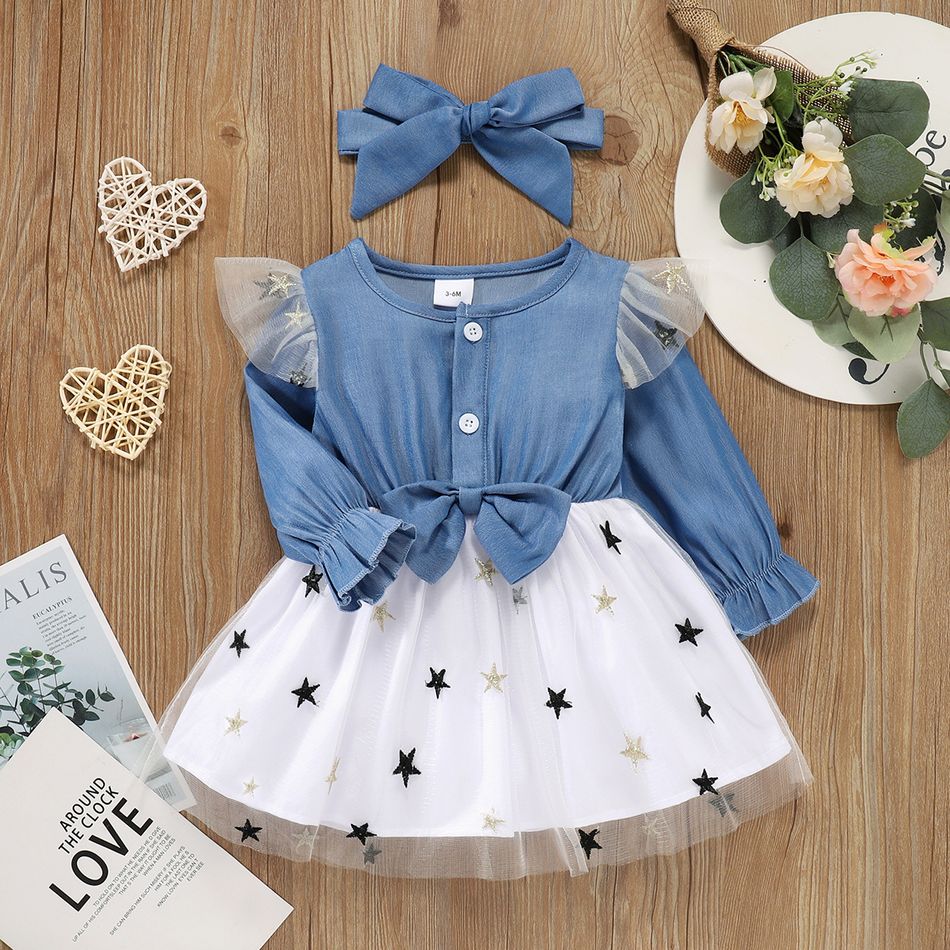Baby 2pcs Blue Long-sleeve Splicing Star White Mesh Bowknot Dress Set Blue
