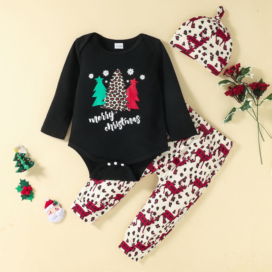 Baby 3pcs Christmas Tree Black Long-sleeve Romper and Deer Print Trouser Set Red