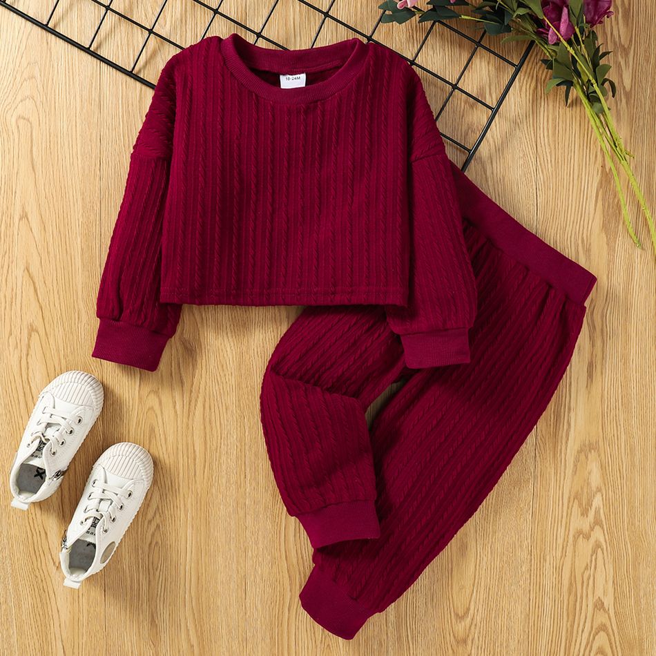 2-piece Toddler Girl Cable Knit Burgundy Sweater and Pants Set Burgundy