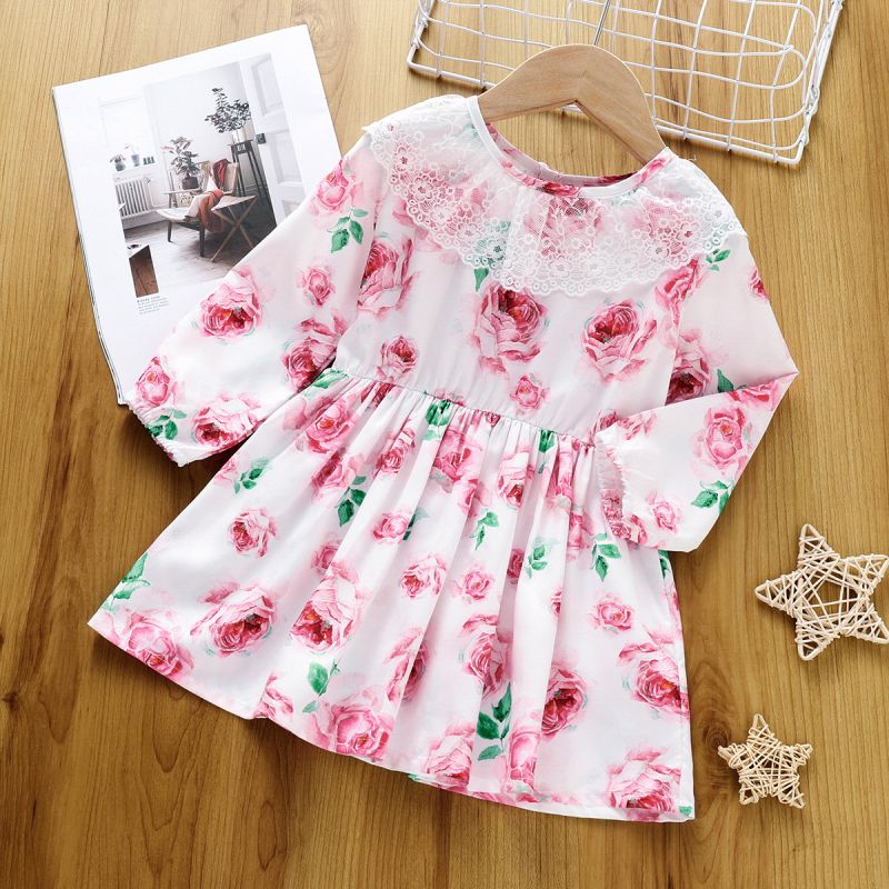 Toddler Girl Schiffy Flounce Floral Print/Solid Long-sleeve Dress White