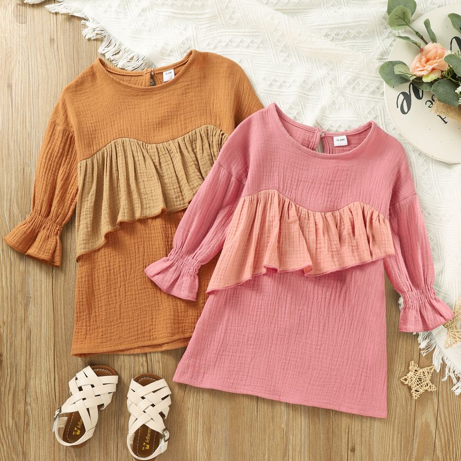 Toddler Girl 100% Cotton Ruffled Colorblock Long-sleeve Dress Pink
