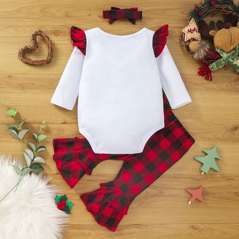 Christmas 3pcs Baby Leopard Reindeer Letter Print Long-sleeve Romper and Red Plaid Bell Bottom Pants Set White