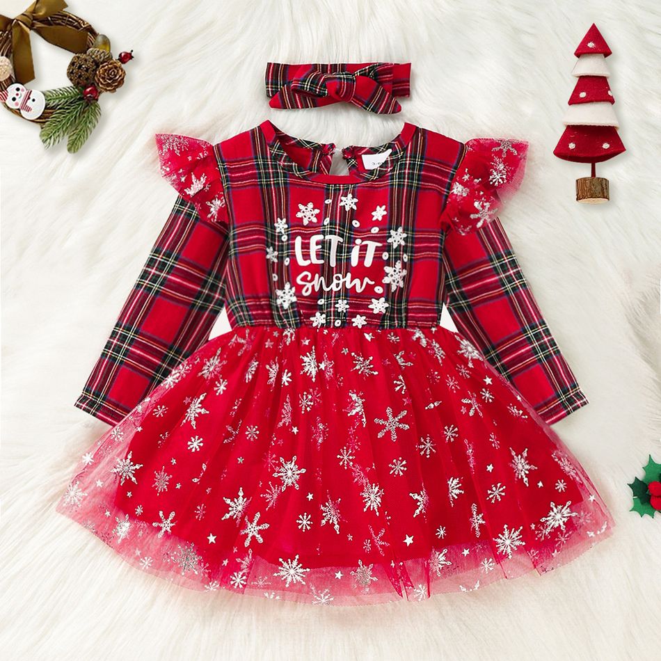 Christmas 2pcs Baby Letter Print Red Plaid Splicing Glitter Snowflake Mesh Party Dress Set Red