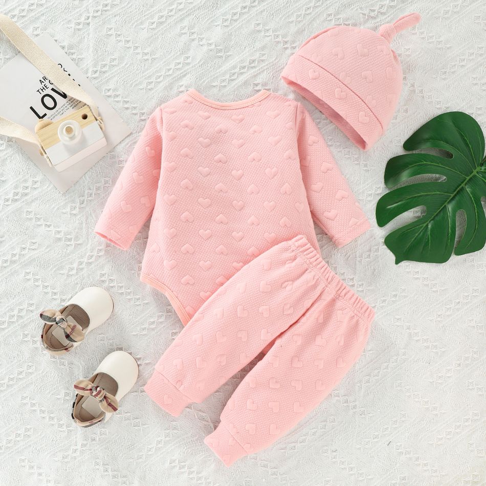 3pcs Baby Boy/Girl Love Heart Letter Print Solid Long-sleeve Romper and Trousers Set Pink big image 7