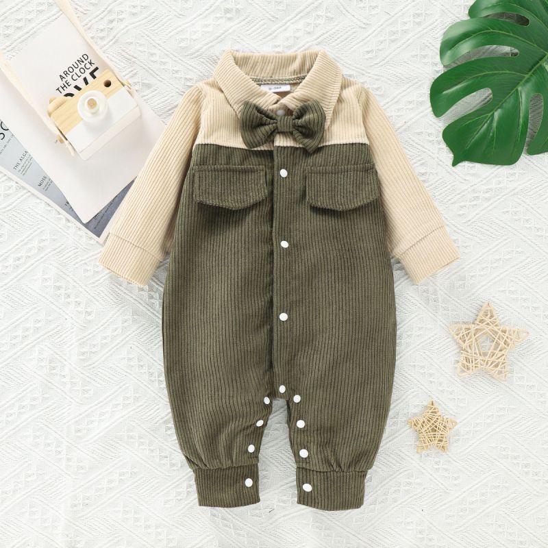 Baby Boy Solid Splicing Corduroy Long-sleeve Gentleman Jumpsuit Green