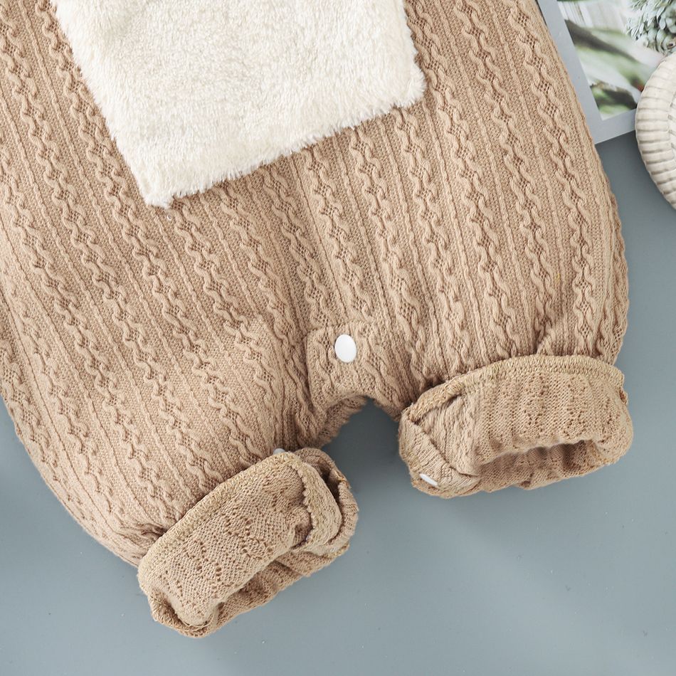 Baby Boy/Girl Fuzzy Fleece Long-sleeve Hooded Splicing Cable Knit Jumpsuit Khaki big image 6