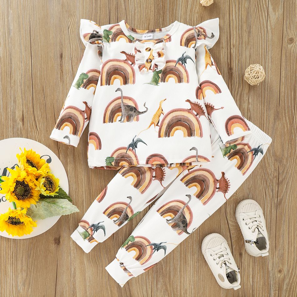 2-piece Toddler Girl Ruffled Dinosaur/Heart Print Long-sleeve Tee and Pants Set White big image 2