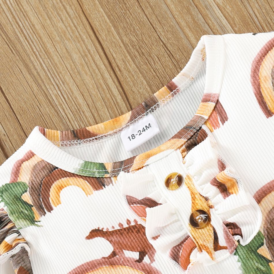 2-piece Toddler Girl Ruffled Dinosaur/Heart Print Long-sleeve Tee and Pants Set White big image 3
