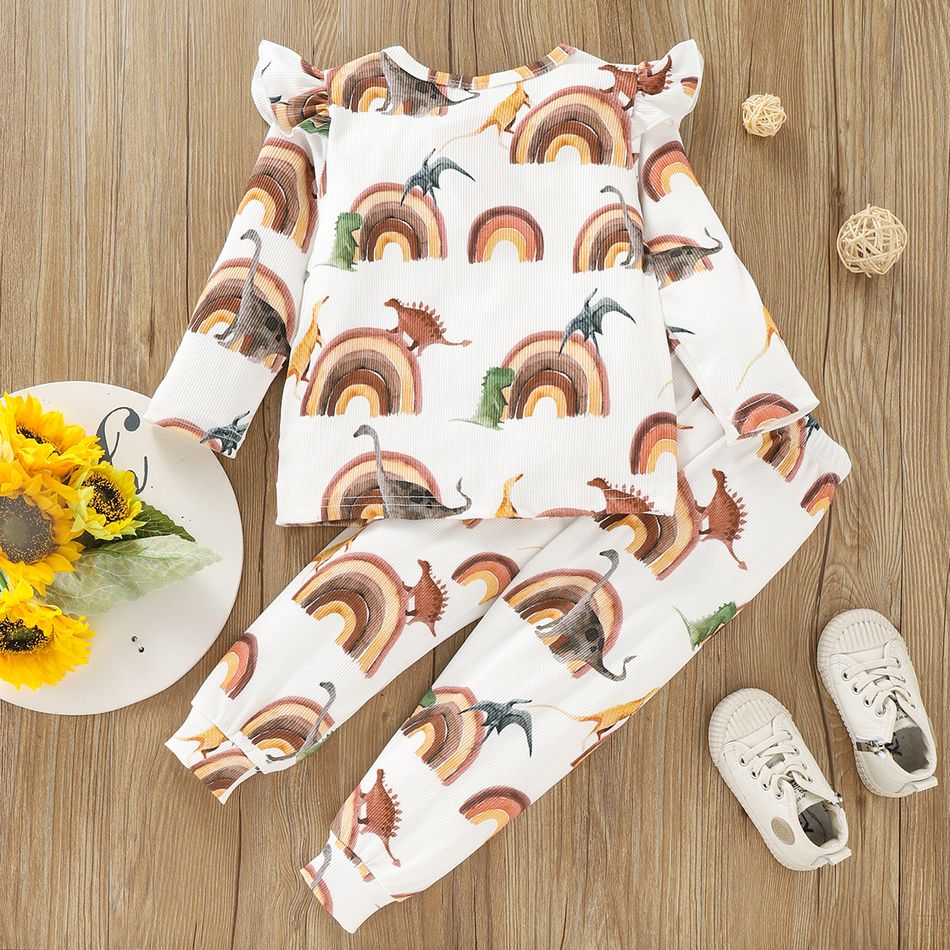 2-piece Toddler Girl Ruffled Dinosaur/Heart Print Long-sleeve Tee and Pants Set White big image 6