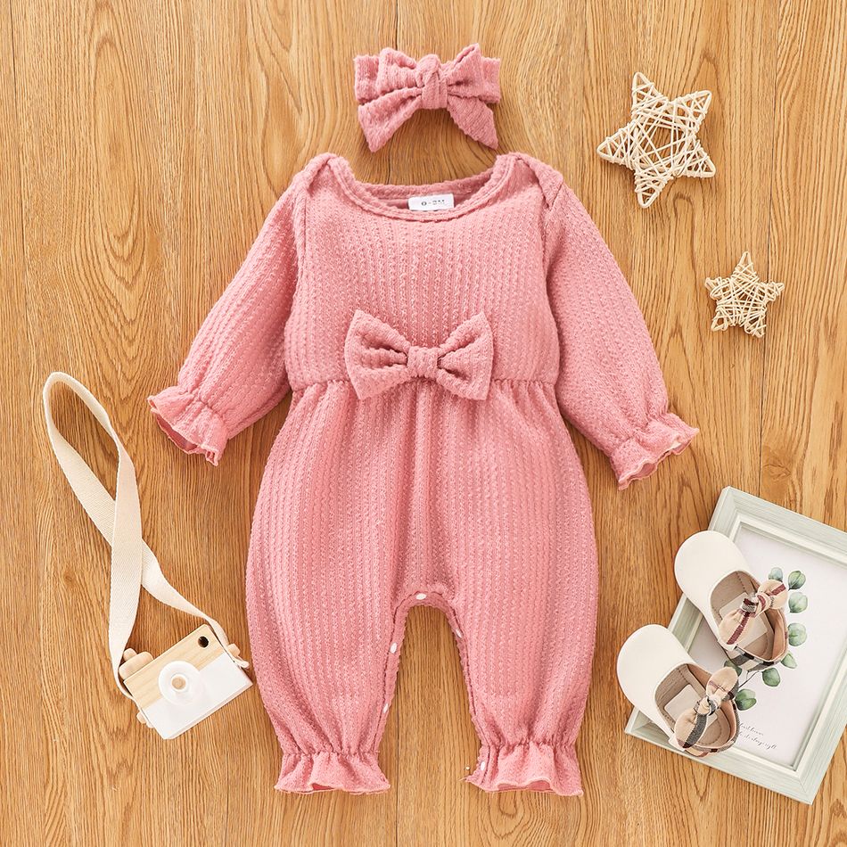 100% Cotton 2pcs Baby Solid Ribbed Long-sleeve Bowknot Ruffle Jumpsuit Set Pink big image 4