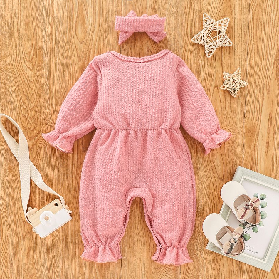 100% Cotton 2pcs Baby Solid Ribbed Long-sleeve Bowknot Ruffle Jumpsuit Set Pink big image 5