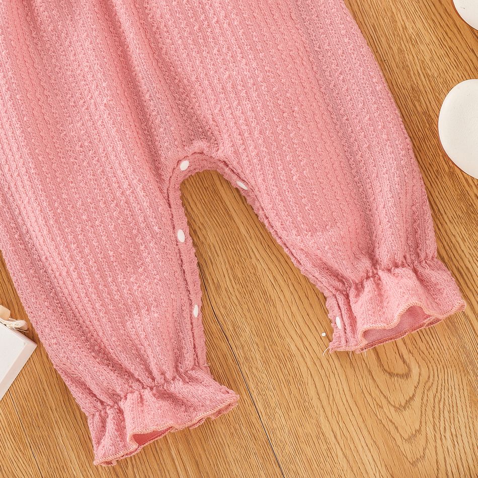 100% Cotton 2pcs Baby Solid Ribbed Long-sleeve Bowknot Ruffle Jumpsuit Set Pink big image 7