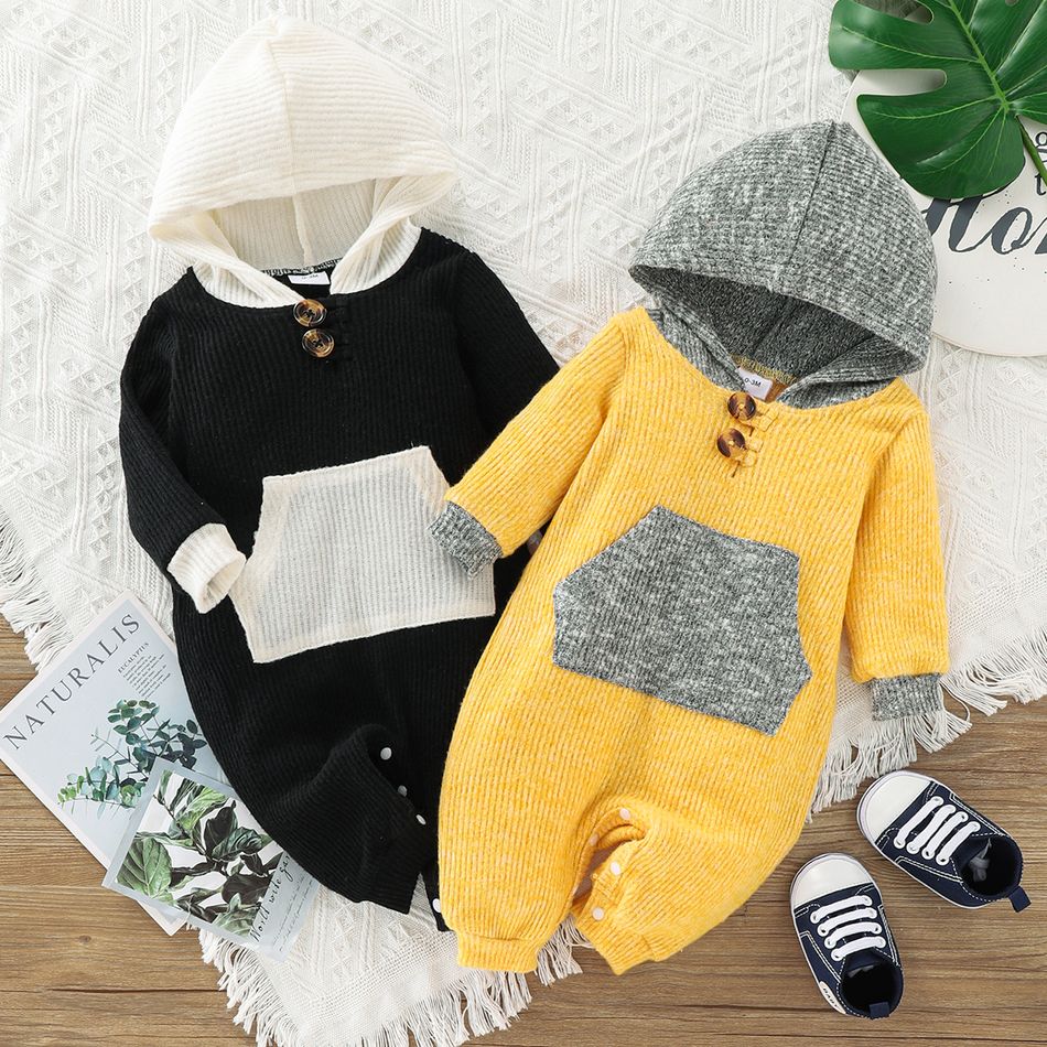 Baby Boy/Girl Knitted Ribbed Colorblock Long-sleeve Hooded Jumpsuit Yellow