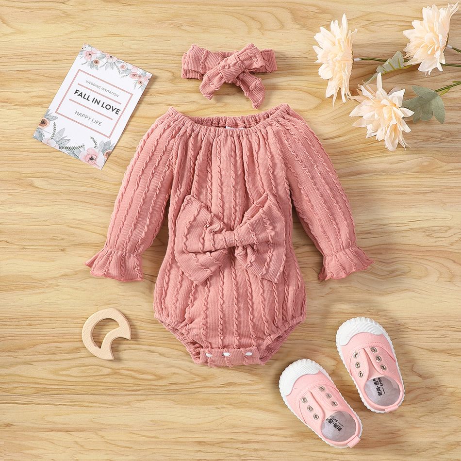 2pcs Baby Girl Solid Long-sleeve Bowknot Cable Knit Romper with Headband Set Pink